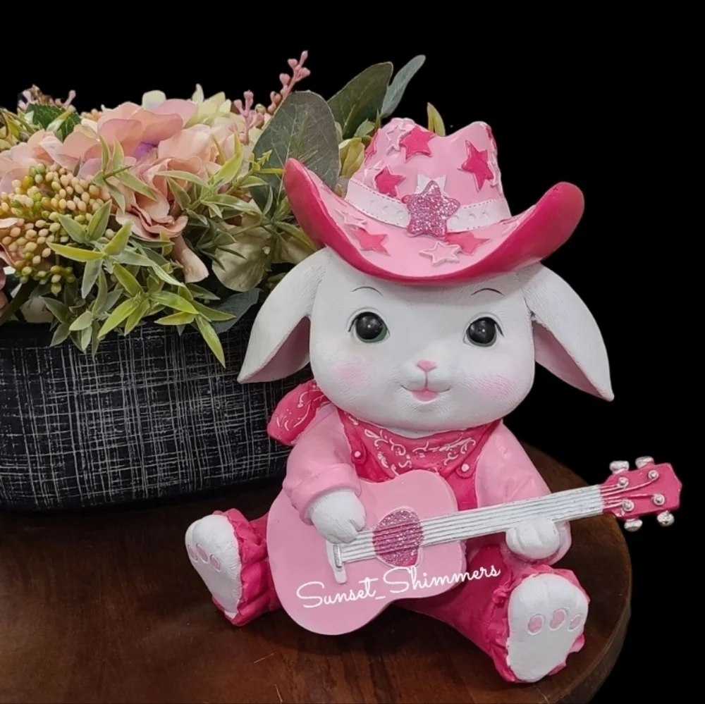 Easter Bunny Girl Sparkly Pink Cowboy Hat Overalls bandana Playing Guitar New